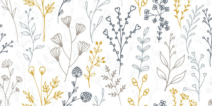 Field flower branches organic vector seamless pattern. Vintage floral fabric print. Greenery plants foliage and bloom wallpaper. Field flower sprigs girly fashion endless background