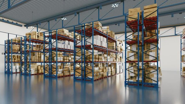 Big Retail Warehouse full of Shelves with Goods in Cardboard Boxes and Packages. Logistics, Sorting and Distribution Facility for Product Delivery. Professional 4K 3d animation