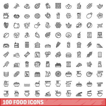 100 food icons set. Outline illustration of 100 food icons vector set isolated on white background