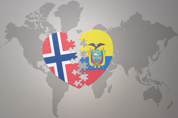 puzzle heart with the national flag of norway and ecuador on a world map background. Concept.