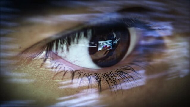  Men Programer Eye With Latest Innovative Sophisticated Technology Display Application With Augmented Reality Holograms. Multiple Layers of Program Code Appearing