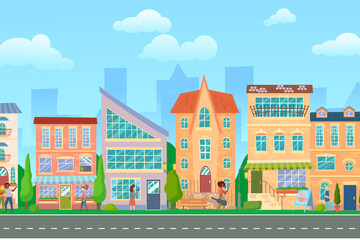 Obraz na płótnie Canvas City street. Panoramic cityscape with bright houses, walking pedestrians. Shop and stores. Summer city. Vector illustration in cartoon style.