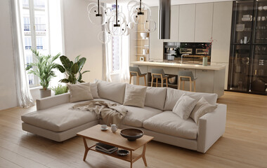 Modern interior of white kitchen with living room. 3d render