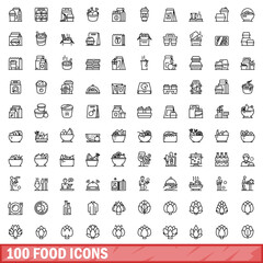 100 food icons set. Outline illustration of 100 food icons vector set isolated on white background