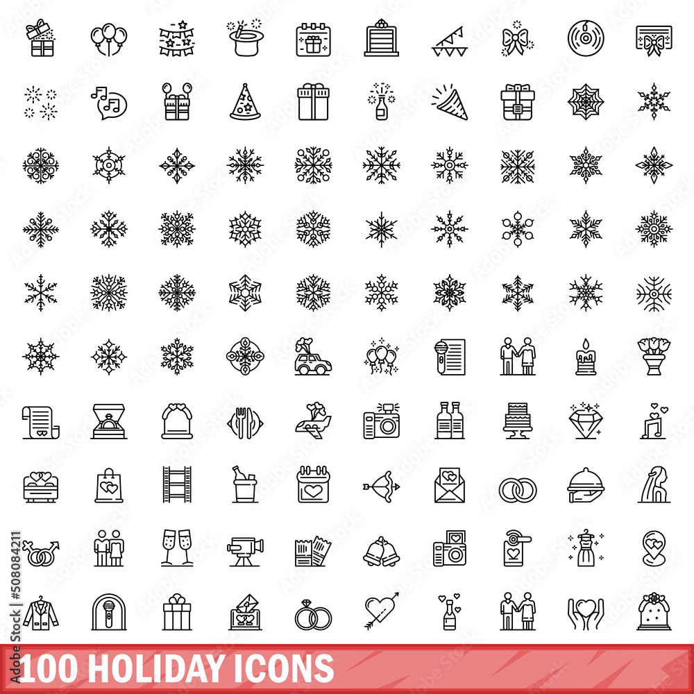 Wall mural 100 holiday icons set. outline illustration of 100 holiday icons vector set isolated on white backgr