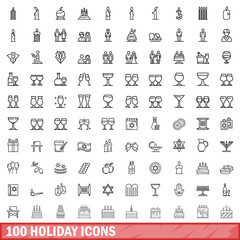 100 holiday icons set. Outline illustration of 100 holiday icons vector set isolated on white background