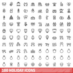100 holiday icons set. Outline illustration of 100 holiday icons vector set isolated on white background