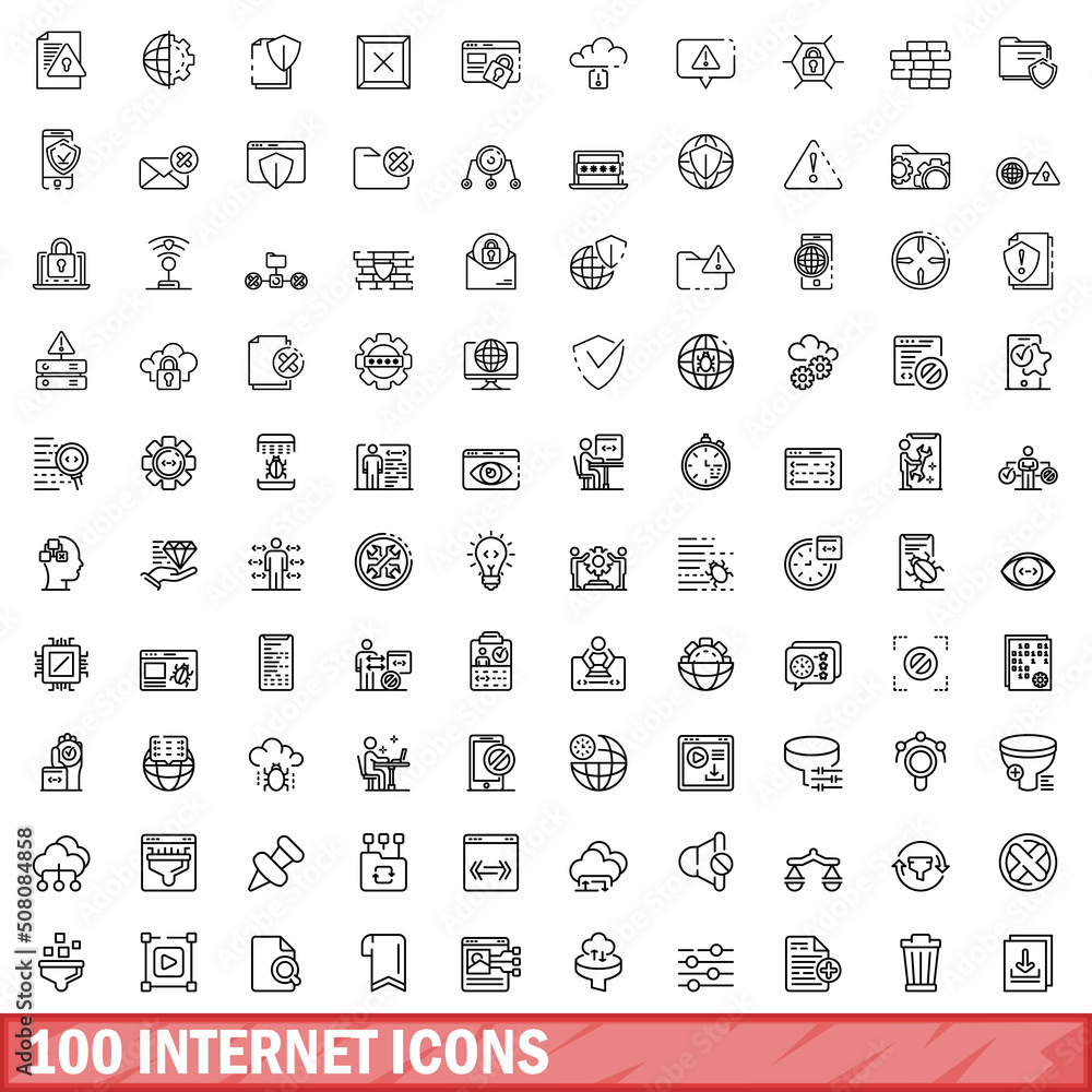 Poster 100 internet icons set. outline illustration of 100 internet icons vector set isolated on white back