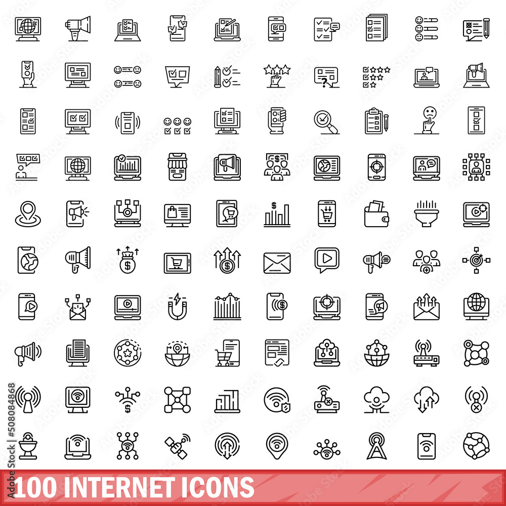Poster 100 internet icons set. outline illustration of 100 internet icons vector set isolated on white back