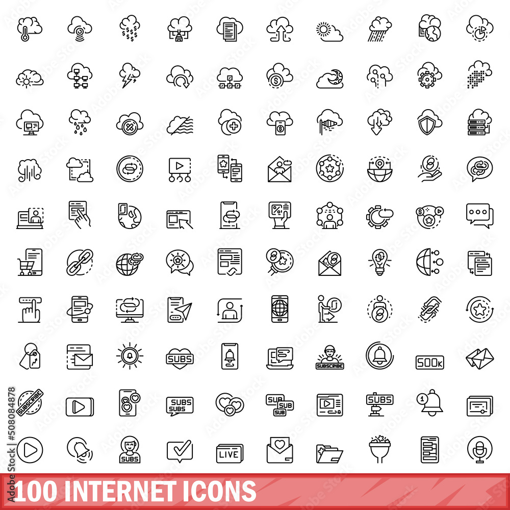 Poster 100 internet icons set. outline illustration of 100 internet icons vector set isolated on white back
