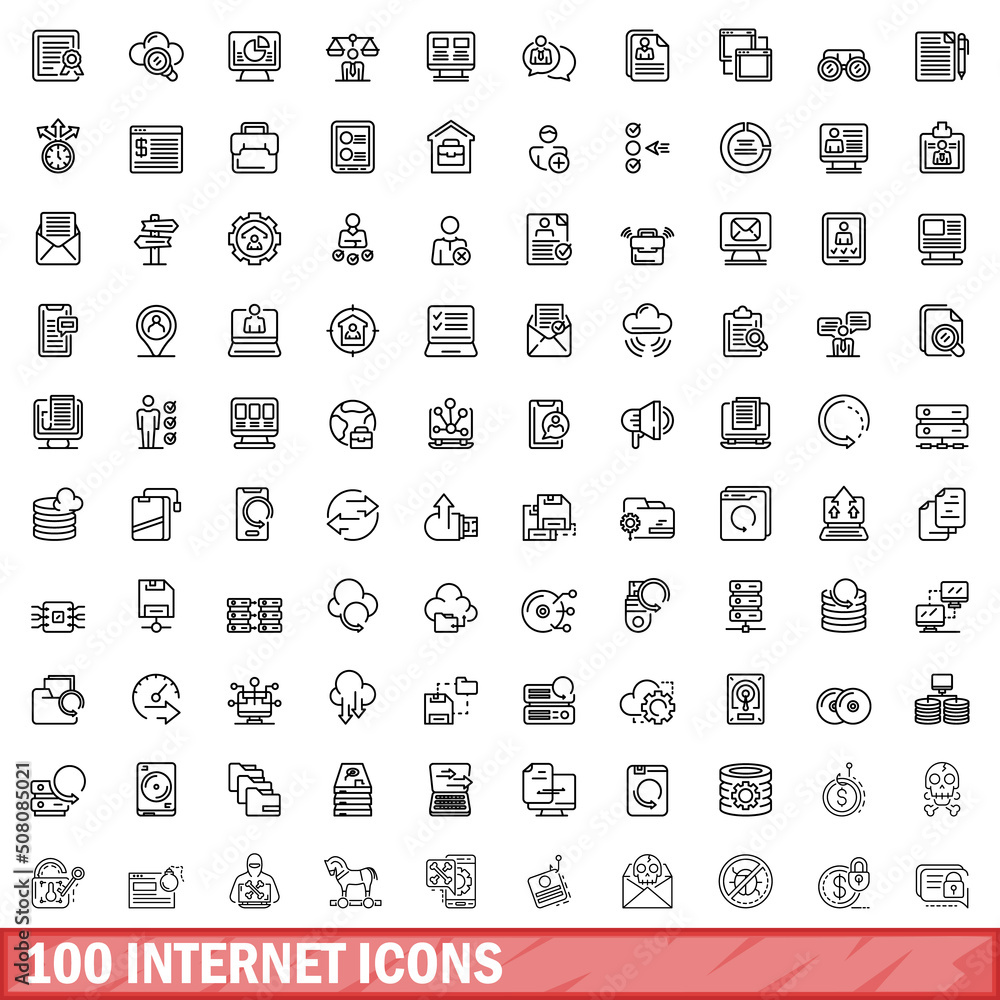Poster 100 internet icons set. outline illustration of 100 internet icons vector set isolated on white back
