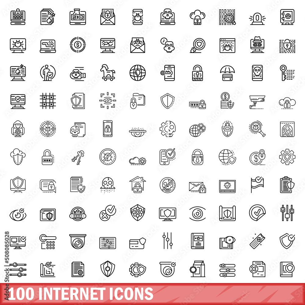 Poster 100 internet icons set. outline illustration of 100 internet icons vector set isolated on white back