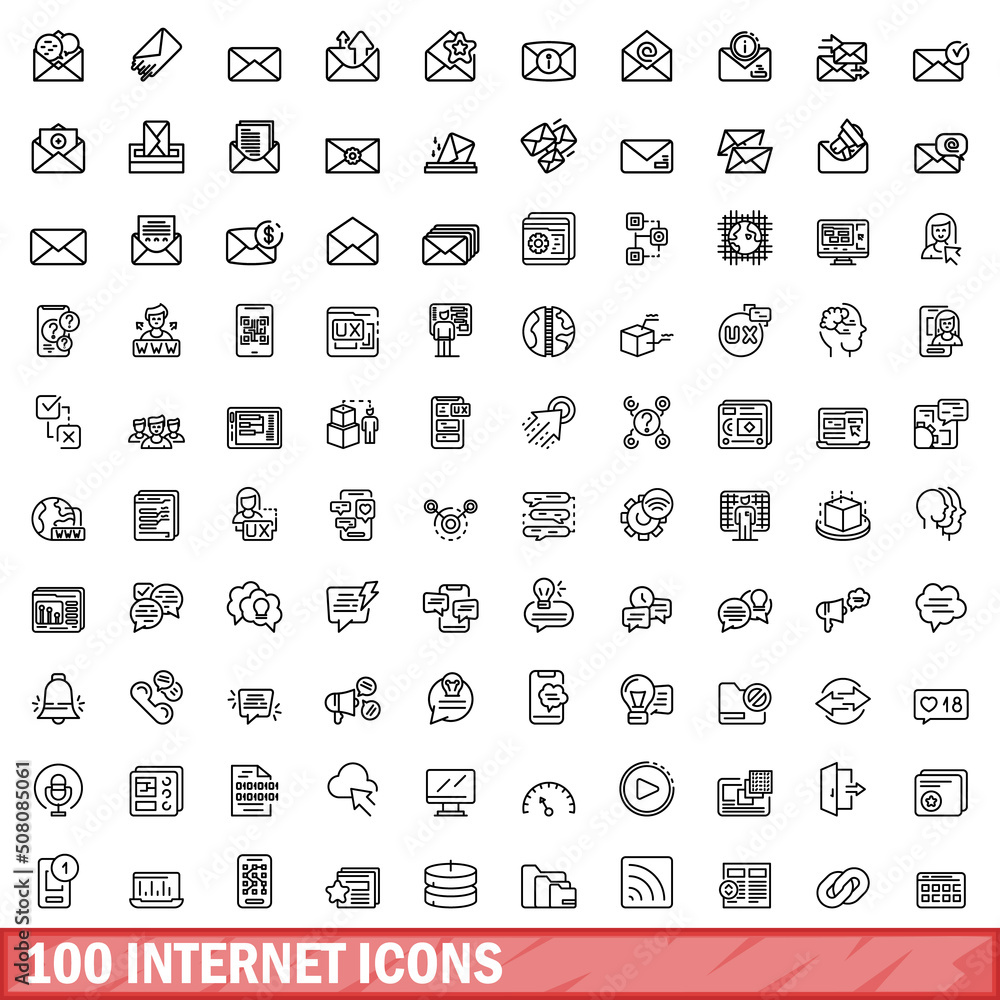 Sticker 100 internet icons set. outline illustration of 100 internet icons vector set isolated on white back - Stickers