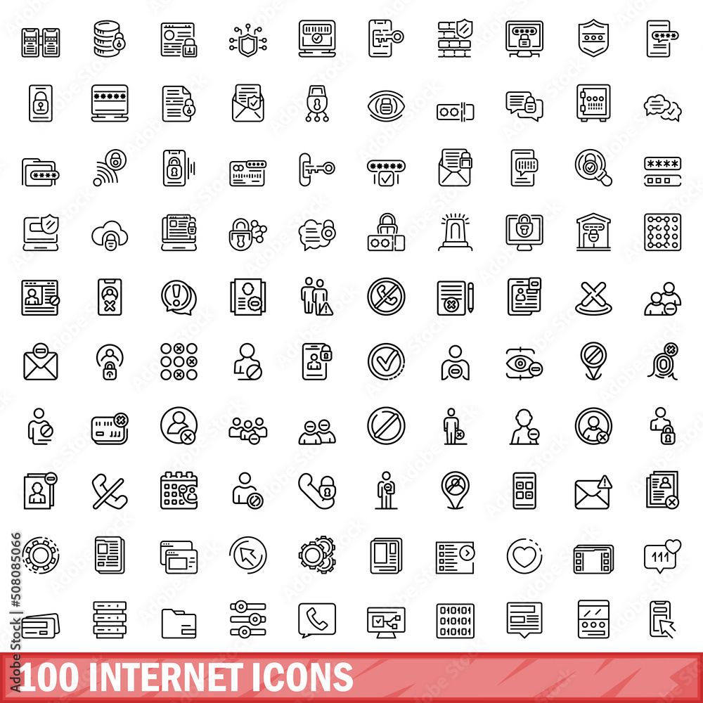 Poster 100 internet icons set. outline illustration of 100 internet icons vector set isolated on white back