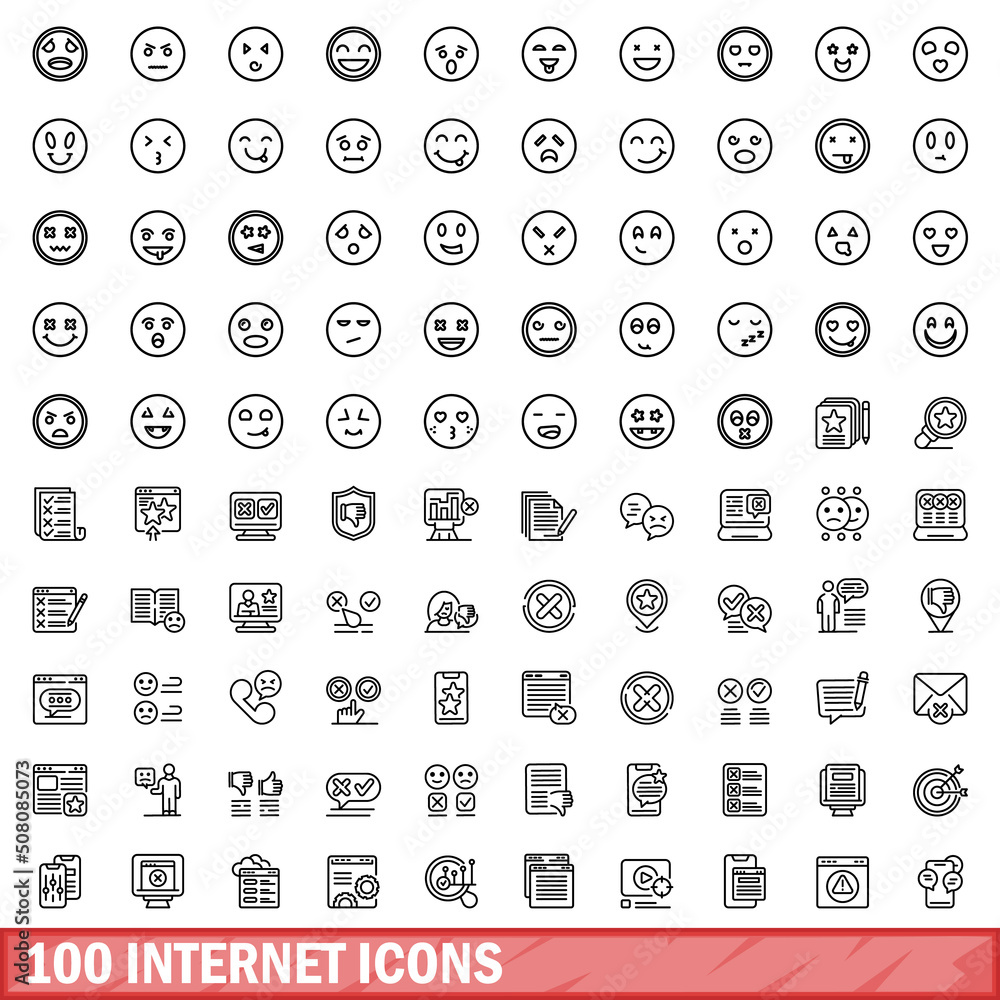 Poster 100 internet icons set. outline illustration of 100 internet icons vector set isolated on white back