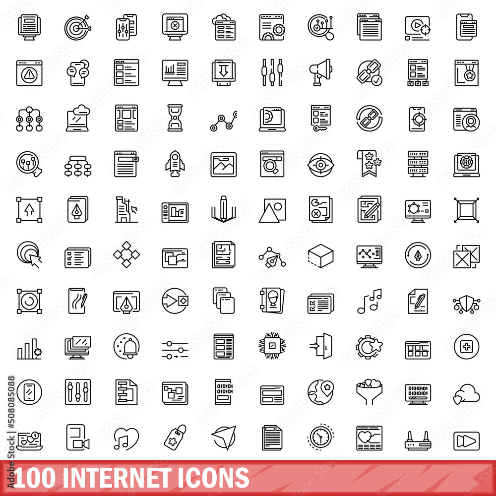 Poster 100 internet icons set. outline illustration of 100 internet icons vector set isolated on white back
