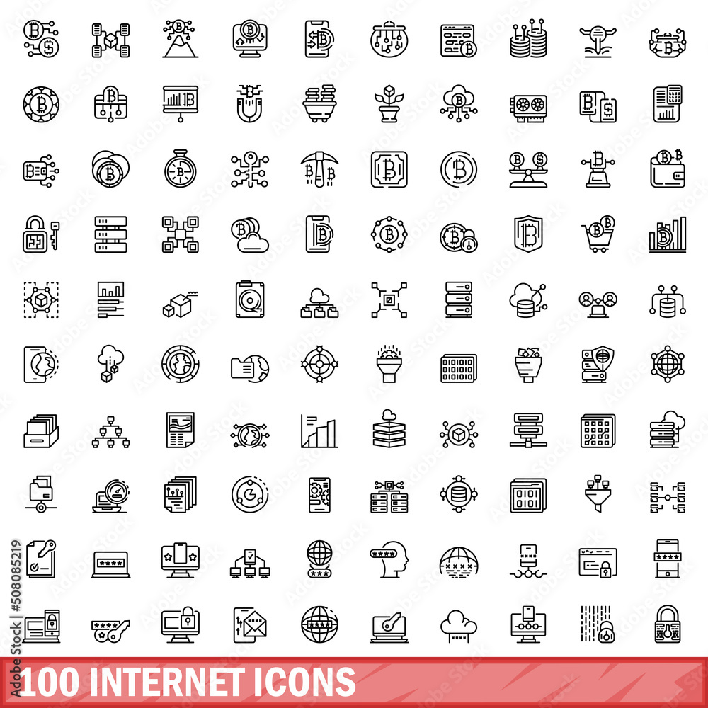 Poster 100 internet icons set. outline illustration of 100 internet icons vector set isolated on white back