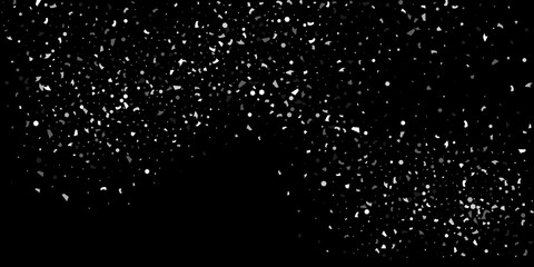 Silver confetti point on a black background. Luxury festive background. Silver grainy abstract texture overflows against a black background. Element of design. Vector illustration, EPS 10.