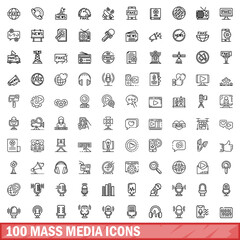 100 mass media icons set. Outline illustration of 100 mass media icons vector set isolated on white background