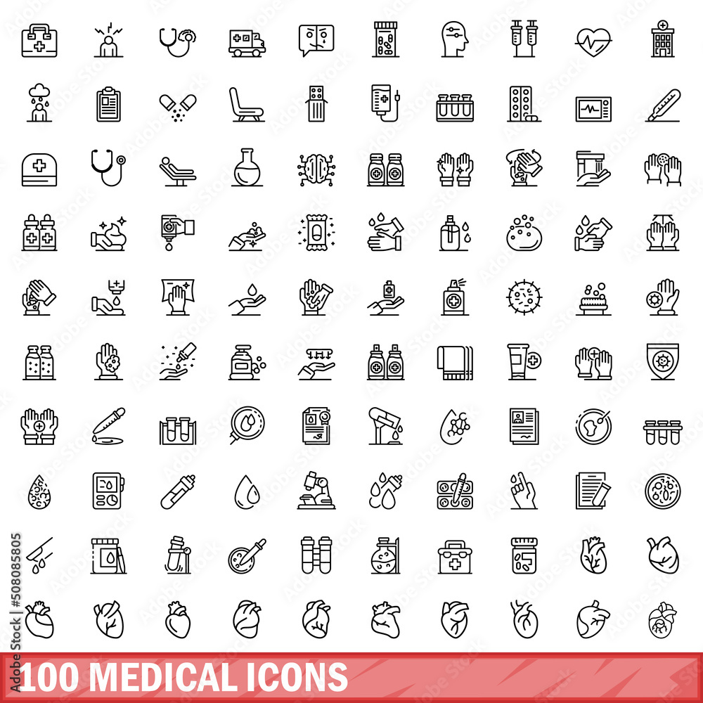 Wall mural 100 medical icons set. Outline illustration of 100 medical icons vector set isolated on white background - Wall murals