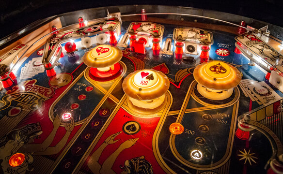 Budapest, Hungary - March 25, 2018: Pinball museum. Pinball table close up view of vintage machine