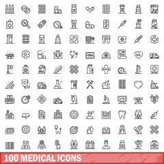 100 medical icons set. Outline illustration of 100 medical icons vector set isolated on white background
