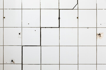 renovierungsbedürftige geflieste Wand mit Rissen und Dübellöchern