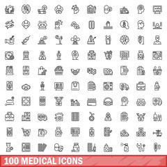 Obraz na płótnie Canvas 100 medical icons set. Outline illustration of 100 medical icons vector set isolated on white background