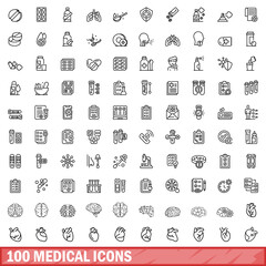 100 medical icons set. Outline illustration of 100 medical icons vector set isolated on white background