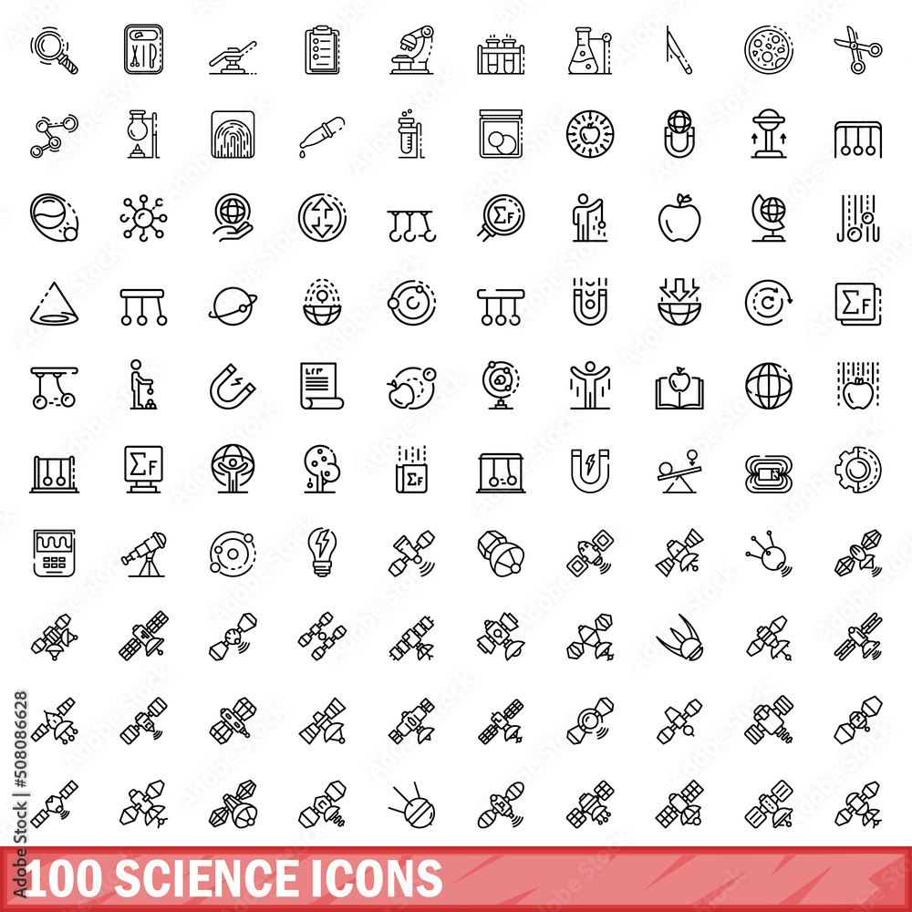 Poster 100 science icons set. outline illustration of 100 science icons vector set isolated on white backgr