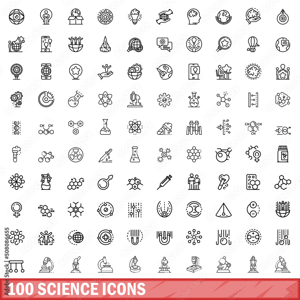 Poster 100 science icons set. outline illustration of 100 science icons vector set isolated on white backgr