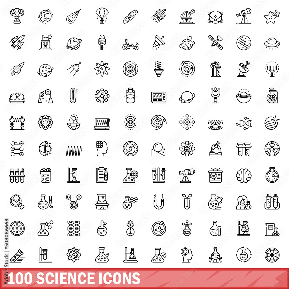 Poster 100 science icons set. outline illustration of 100 science icons vector set isolated on white backgr
