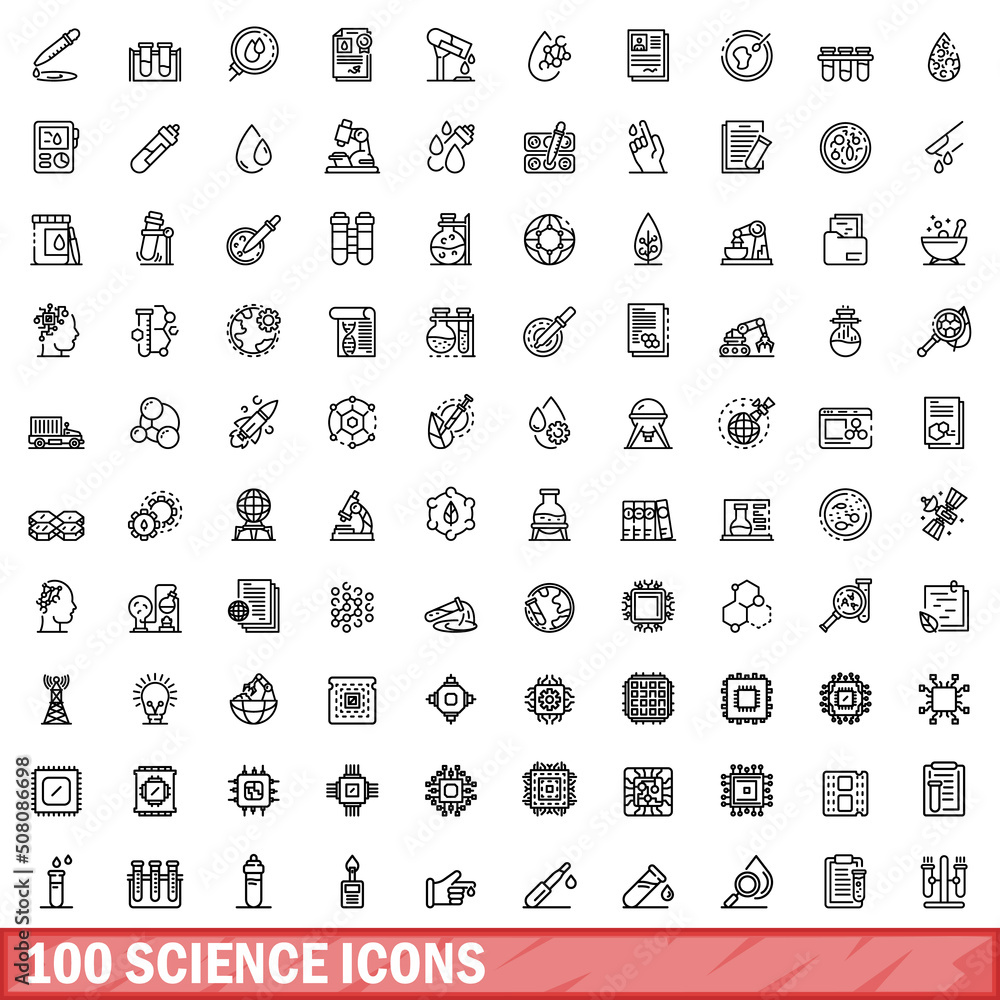 Poster 100 science icons set. outline illustration of 100 science icons vector set isolated on white backgr