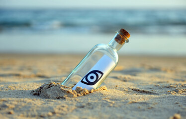 Eye symbol on a bottle found on the beach. Esoteric message. Lack of privacy concept icon.