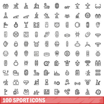 100 sport icons set. Outline illustration of 100 sport icons vector set isolated on white background