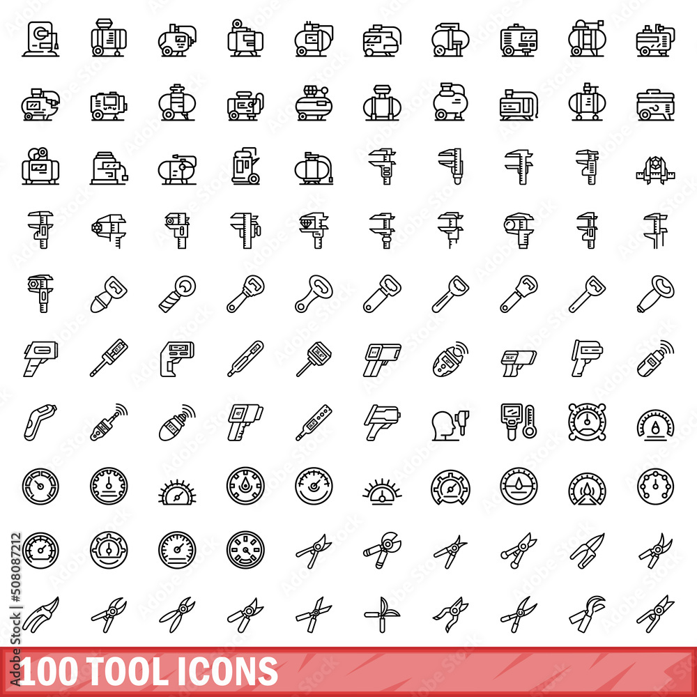 Poster 100 tool icons set. outline illustration of 100 tool icons vector set isolated on white background