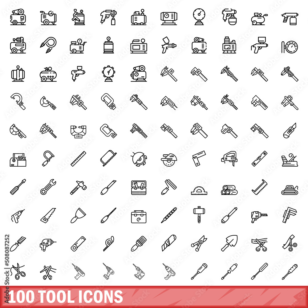 Poster 100 tool icons set. outline illustration of 100 tool icons vector set isolated on white background