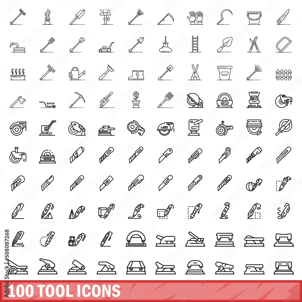 Poster 100 tool icons set. outline illustration of 100 tool icons vector set isolated on white background