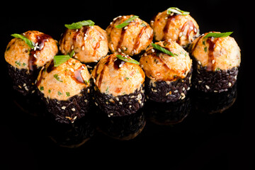 Sushi, rolls, sushi on a black background, mussels