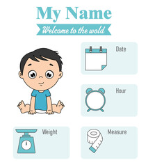 Cute boy . Baby birth print. Baby data template at birth. Weight, measurement, time and day of birth	
