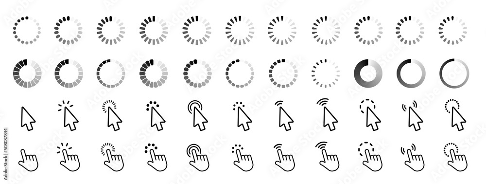 Aufkleber Loading icons. Waiting symbol sign. Pointer click icon. Clicking cursor, pointing hand clicks. Website arrows or hands cursors tools, computer interface button. Vector isolated symbols collection
