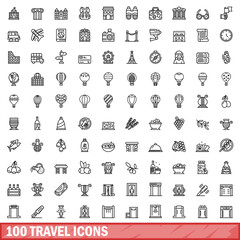100 travel icons set. Outline illustration of 100 travel icons vector set isolated on white background