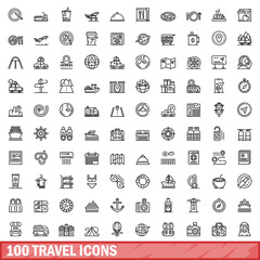 Fototapeta na wymiar 100 travel icons set. Outline illustration of 100 travel icons vector set isolated on white background