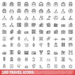 100 travel icons set. Outline illustration of 100 travel icons vector set isolated on white background