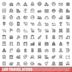 Fototapeta premium 100 travel icons set. Outline illustration of 100 travel icons vector set isolated on white background