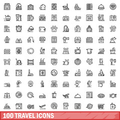 100 travel icons set. Outline illustration of 100 travel icons vector set isolated on white background - obrazy, fototapety, plakaty