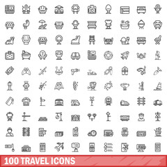 100 travel icons set. Outline illustration of 100 travel icons vector set isolated on white background
