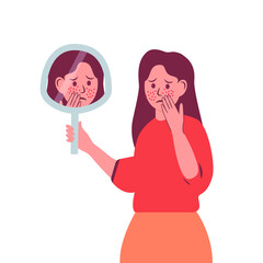 Young woman hand mirror worrying about her acne on face in flat design. Pimple problem on female skin.