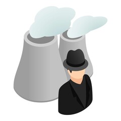 Environment pollution icon isometric vector. Male character near cooling tower. Nuclear power plant, heavy industry, air pollution