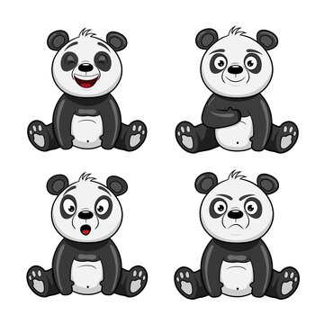 Vector set of panda illustrations with different emotions. Panda laughs, angry, surprised, shows like. Isolated on white background.